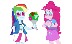 Size: 4032x2486 | Tagged: safe, artist:ktd1993, derpibooru import, pinkie pie, rainbow dash, equestria girls, blushing, bouquet, clothes, female, flower, lesbian, looking away, pinkiedash, shipping, simple background, smiling, transparent background