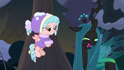 Size: 1920x1080 | Tagged: safe, screencap, cozy glow, queen chrysalis, changeling, changeling queen, pegasus, pony, frenemies (episode), duo, female, filly, foal, hat, narrowed eyes, smiling, smirk, snow, winter outfit