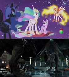 Size: 1494x1677 | Tagged: safe, daybreaker, nightmare moon, princess celestia, starlight glimmer, alicorn, dinosaur, pony, tyrannosaurus rex, a royal problem, dream walker celestia, female, indominus rex, jurassic world, mare, rexy