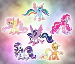 Size: 971x822 | Tagged: safe, artist:salvicorn, derpibooru import, applejack, fluttershy, pinkie pie, rainbow dash, rarity, twilight sparkle, twilight sparkle (alicorn), alicorn, earth pony, pegasus, pony, unicorn, alternate design, female, mane six, mare, rainbow power, redesign