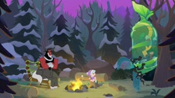 Size: 1920x1080 | Tagged: safe, screencap, cozy glow, lord tirek, queen chrysalis, centaur, changeling, changeling queen, ophiotaurus, pegasus, pony, frenemies (episode), bare tree, blurry, bow, campfire, chair, clothes, cloven hooves, cocoon, crossed arms, female, filly, foal, food, forest, freckles, hair bow, hat, log, losers club, male, marshmallow, nose piercing, nose ring, piercing, pine tree, sitting, snow, tree, upside down, winter outfit, you know for kids