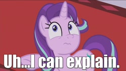 Size: 1366x768 | Tagged: safe, screencap, starlight glimmer, pony, unicorn, a royal problem, 3:, canterlot castle, carpet, expression, female, frown, i can explain, image macro, looking at you, mare, meme, oops, prehibernation week, raised hoof, red carpet, solo, spongebob squarepants, treehouse logo, uhh i can explain, underhoof, wide eyes