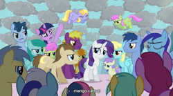 Size: 765x426 | Tagged: safe, derpibooru import, screencap, alula, berry punch, berryshine, blues, bon bon, carrot top, cloud kicker, crescent pony, golden harvest, goldengrape, mane moon, merry may, minuette, noteworthy, rarity, sassaflash, sir colton vines iii, spring melody, sprinkle medley, sunshower raindrops, sweetie drops, twilight sparkle, earth pony, pegasus, pony, unicorn, magical mystery cure, animation error, background pony, female, filly, grape crush, male, mare, stallion, swapped cutie marks, wingless, youtube caption