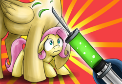 Size: 1000x689 | Tagged: dead source, safe, artist:xioade, fluttershy, oc, oc:fluttershy's mom, pegasus, pony, filly, mother, scared, syringe, trypanophobia