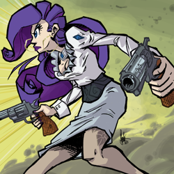 Size: 700x700 | Tagged: safe, artist:theartrix, rarity, human, action pose, badass, clothes, gun, humanized, no trigger discipline, pantyhose, revolver, skirt, solo, tube skirt, weapon