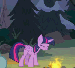 Size: 658x604 | Tagged: safe, screencap, cozy glow, lord tirek, queen chrysalis, twilight sparkle, twilight sparkle (alicorn), alicorn, changeling, changeling queen, frenemies (episode), acting, animated, campfire, cropped, disguise, disguised changeling, floppy ears, gif, solo focus, the pathetic princess thing, twilighting, wavy mouth