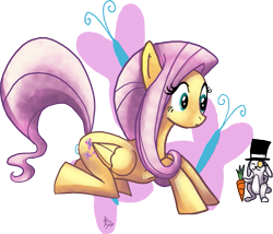 Size: 601x515 | Tagged: safe, artist:phantosanucca, angel bunny, fluttershy, pegasus, pony, anatomically incorrect, carrot, hat, incorrect leg anatomy, monocle, top hat
