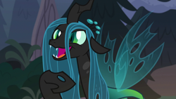 Size: 1920x1080 | Tagged: safe, screencap, queen chrysalis, changeling, changeling queen, frenemies (episode), crown, fangs, female, former queen chrysalis, insanity, jewelry, open mouth, raised hoof, regalia, slit eyes, solo, spread wings, wide mouth, wings