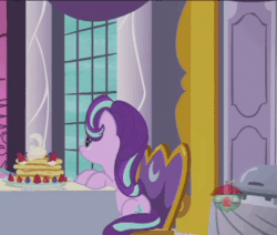 Size: 354x300 | Tagged: safe, screencap, starlight glimmer, pony, unicorn, a royal problem, animated, aweeg*, cropped, cute, eating, eyes closed, female, food, fruit, gif, glimmerbetes, glowing horn, herbivore, horn, loop, magic, mare, nom, pancakes, puffy cheeks, sitting, smiling, solo, telekinesis