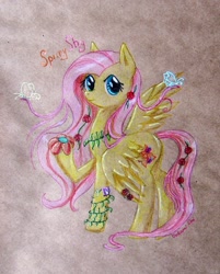 Size: 900x1120 | Tagged: safe, artist:0okami-0ni, fluttershy, butterfly, pegasus, pony, flower, spring, traditional art