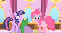 Size: 624x334 | Tagged: safe, derpibooru import, screencap, pinkie pie, spike, twilight sparkle, dragon, earth pony, pony, green isn't your color, animated, pinkie pie swear, pinkie promise