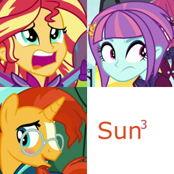 Size: 600x600 | Tagged: safe, sunburst, sunny flare, sunset shimmer, equestria girls, the crystalling, name, names, polyamory, pun, shipping, similarities, stellar similarities, sun cubed