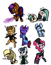 Size: 582x750 | Tagged: safe, artist:lilliesinthegarden, pinkie pie, rumble, oc, earth pony, pony, :3, antennae, bipedal, blushing, bow, cane, clothes, cute, dancing, dress, faceplant, hat, necktie, request, sweater, sword, top hat, vest