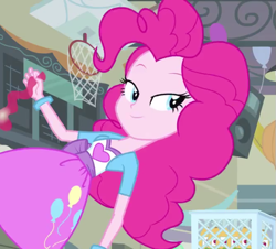 Size: 567x512 | Tagged: safe, screencap, pinkie pie, equestria girls, equestria girls (movie), apple cider, balloon, bedroom eyes, bracelet, clothes, jewelry, skirt, solo