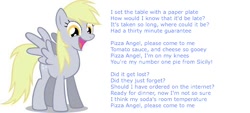 Size: 520x236 | Tagged: safe, derpy hooves, pegasus, pony, blonde mane, female, gray coat, mare, solo, song reference, text, wings