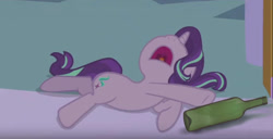 Size: 853x438 | Tagged: safe, edit, edited screencap, screencap, starlight glimmer, pony, unicorn, a royal problem, bottle, cute, drunk, drunklight glimmer, female, glimmerbetes, mare, open mouth, passed out, rekt, sleepy starlight, solo