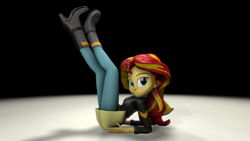 Size: 1920x1080 | Tagged: safe, artist:blumppidy, sunset shimmer, equestria girls, 3d, boots, clipping, clothes, jacket, leg focus, legs in air, light, looking at you, lying down, on back, pinup, shadow, short skirt, skirt, solo, source filmmaker, stockings, sultry pose
