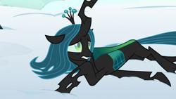 Size: 1920x1080 | Tagged: safe, screencap, queen chrysalis, changeling, changeling queen, frenemies (episode), cute, cutealis, drained, female, magic drain, prone, snow, solo