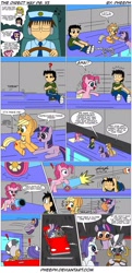 Size: 1015x2100 | Tagged: safe, artist:pheeph, derpibooru import, applejack, pinkie pie, twilight sparkle, zecora, earth pony, pony, zebra, cannon, comic, crossover, love hina, mahou sensei negima, the direct way, urashima keitaro