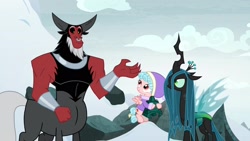 Size: 1920x1080 | Tagged: safe, screencap, cozy glow, lord tirek, queen chrysalis, centaur, changeling, changeling queen, pegasus, pony, frenemies (episode), bell, female, filly, foal, grogar's bell, hat, male, nose piercing, nose ring, piercing, trio, winter outfit