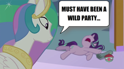 Size: 1277x717 | Tagged: safe, edit, edited screencap, screencap, princess celestia, starlight glimmer, alicorn, pony, a royal problem, female, mare, sleepy starlight, speech bubble