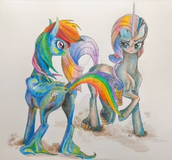 Size: 900x837 | Tagged: safe, artist:shotsyshotsy, derpibooru import, rainbow dash, rarity, pegasus, pony, unicorn, plot, traditional art, unshorn fetlocks, watermark