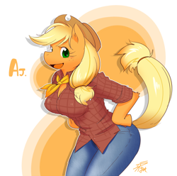 Size: 700x693 | Tagged: safe, artist:gatto, applejack, anthro, clothes, pants, pixiv, solo
