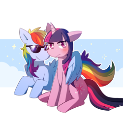 Size: 1800x1800 | Tagged: safe, artist:lupeylycan, derpibooru import, rainbow dash, twilight sparkle, pegasus, pony, unicorn, blushing, female, hug, lesbian, mare, shipping, sitting, smiling, sunglasses, tsundere, tsunlight sparkle, twidash, winghug