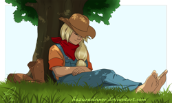 Size: 1152x694 | Tagged: safe, artist:hazurasinner, applejack, human, barefoot, feet, humanized, nap, sleeping