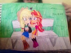 Size: 640x480 | Tagged: safe, artist:cartoonprincess15, applejack, sunset shimmer, equestria girls, appleshimmer, bench, female, humanized, lesbian, park, shipping, traditional art, wattpad