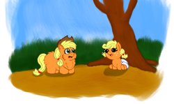 Size: 795x474 | Tagged: safe, artist:mr tiggly the wiggly walnut, applejack, earth pony, fluffy pony, pony, babyjack, diaper, fluffyjack, foal, open mouth, self ponidox, sitting, smiling, tree, underhoof