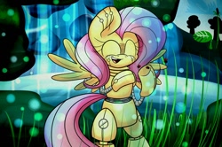 Size: 1280x850 | Tagged: safe, artist:extradan, fluttershy, ladybug, pegasus, pony, robot, robot pony, bipedal, eyes closed, flutterbot, grass, open mouth, smiling, solo, spread wings, wings