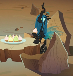 Size: 502x522 | Tagged: safe, screencap, queen chrysalis, changeling, changeling queen, frenemies (episode), cropped, cupcake, cute, cutealis, eating, female, food, profile, solo focus, that changeling sure does love cupcakes