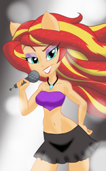 Size: 1125x1800 | Tagged: safe, artist:theroyalprincesses, sunset shimmer, equestria girls, armpits, belly button, clothes, grin, microphone, midriff, necklace, pleated skirt, ponied up, skirt, solo, top