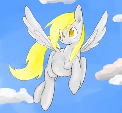 Size: 902x833 | Tagged: safe, artist:woking, derpy hooves, pegasus, pony, female, flying, mare, pixiv, pregnant, sky, solo