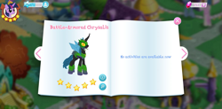 Size: 1467x720 | Tagged: safe, idw, queen chrysalis, twilight sparkle, changeling, changeling queen, the cutie re-mark, spoiler:comic, spoiler:comicfiendshipismagic5, battle armor, gameloft, gem, my little pony game