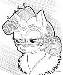 Size: 841x1000 | Tagged: safe, artist:abronyaccount, rarity, pony, unicorn, bathrobe, clothes, hair curlers, lineart, monochrome, morning ponies, mud mask, nasal strip, robe, solo