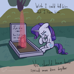 Size: 1024x1024 | Tagged: safe, artist:chaosmalefic, rarity, spike, dragon, pony, unicorn, crying, female, grave, implied death, male, mare, sad, shipping, sitting, solo, sparity, straight, tragedy