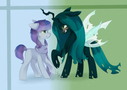 Size: 1420x1005 | Tagged: artist needed, source needed, safe, queen chrysalis, oc, oc:crystal eve, oc:crystaleve, changeling, changeling queen, pony, clothes, female, scarf