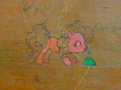 Size: 867x642 | Tagged: source needed, safe, pinkie pie, flask, graffiti, irl, partial color, photo, traditional art, wood