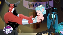 Size: 1280x720 | Tagged: safe, screencap, cozy glow, lord tirek, queen chrysalis, centaur, changeling, changeling queen, pegasus, pony, frenemies (episode), better way to be bad, cozy glow is not amused, female, filly, foal, singing, tirek is not amused, unamused