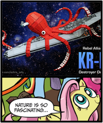 Size: 397x473 | Tagged: safe, fluttershy, octopus, pegasus, pony, blue coat, blue eyes, dialogue, exploitable meme, female, lego, looking up, mare, meme, multicolored tail, nature is so fascinating, pink coat, pink mane, smiling, speech bubble, star wars, wings, yellow coat