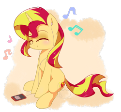 Size: 1594x1471 | Tagged: safe, artist:puetsua, sunset shimmer, pony, unicorn, cute, earbuds, eyes closed, female, headphones, mare, mp3 player, shimmerbetes, sitting, solo