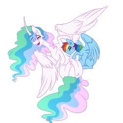 Size: 1000x1000 | Tagged: safe, artist:saphi-boo, derpibooru import, princess celestia, rainbow dash, alicorn, pegasus, pony, curved horn, dashlestia, eyes closed, female, lesbian, mare, shipping, simple background, sitting, spread wings, transparent background, wings