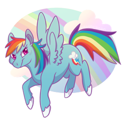 Size: 1000x1000 | Tagged: safe, artist:neothebean, derpibooru import, rainbow dash, pegasus, pony, flying, rainbow, solo