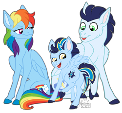 Size: 590x547 | Tagged: safe, artist:nattikay, derpibooru import, rainbow dash, soarin', oc, oc:thunderclap, pegasus, pony, female, male, offspring, parent:rainbow dash, parent:soarin', parents:soarindash, shipping, soarindash, straight