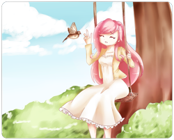 Size: 1020x822 | Tagged: safe, artist:haruliina, fluttershy, bird, humanized, swing