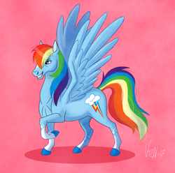 Size: 1000x992 | Tagged: safe, artist:vicnor-lil-corner, derpibooru import, rainbow dash, pegasus, pony, hoers, raised hoof, simple background, solo, spread wings, wings