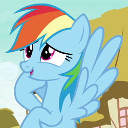 Size: 1080x1080 | Tagged: safe, derpibooru import, screencap, rainbow dash, pegasus, pony, secrets and pies, cropped, cute, daqshabetes, smiling, solo, spread wings, wings