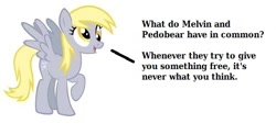 Size: 496x244 | Tagged: safe, derpy hooves, pegasus, pony, derpy hooves tells an obscure joke, female, free hugs, joke, mare, melvin ishtar, pedobear, solo